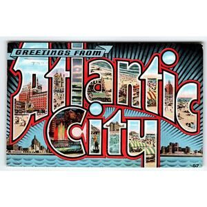 Vintage 1944 Greetings from Atlantic City NJ Large Letter Postcard Postmarked